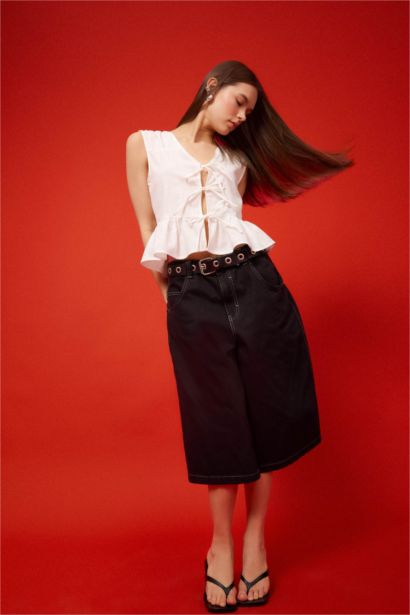 Regular Fit V Neck Front Tie Sleeveless Blouse