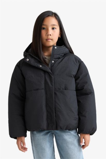 Su Geçirmez Kapüşonlu Fermuarlı Şişme Mont Kız Çocuk