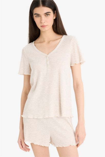 Regular Fit Ribana Kısa Kollu Üst Beli Lastikli Şort