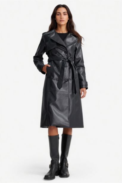 Длинный тренчкот Regular Fit из искусственной кожи с пуговицами и карманами