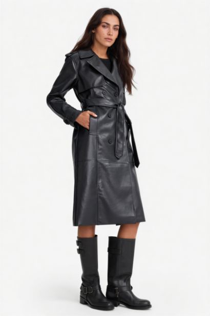 Длинный тренчкот Regular Fit из искусственной кожи с пуговицами и карманами