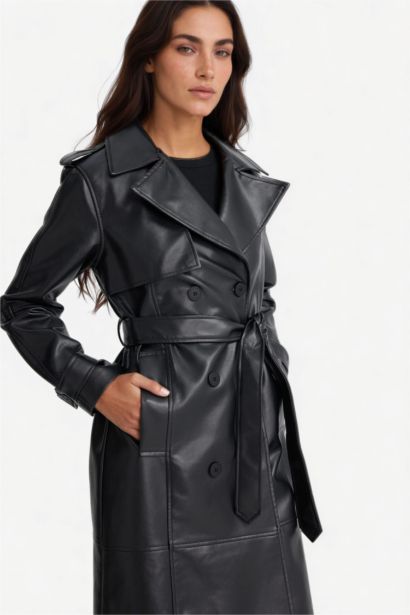 Длинный тренчкот Regular Fit из искусственной кожи с пуговицами и карманами