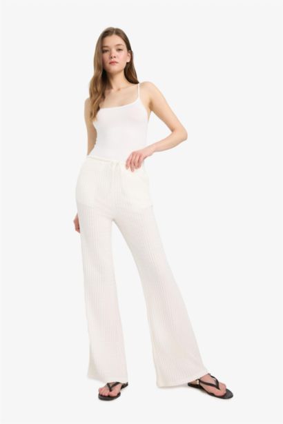 Flare Fit Elastic Waist Crepe Trousers