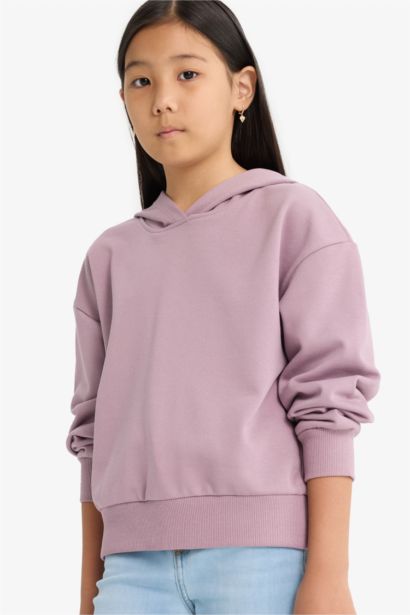 Relax Fit Kapüşonlu Basic Düz Sweatshirt Kız Çocuk
