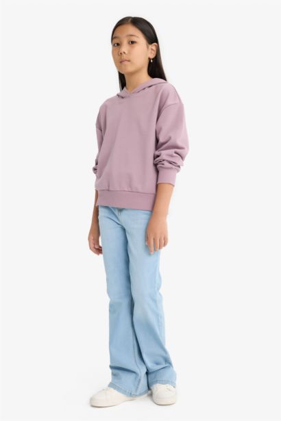 Relax Fit Kapüşonlu Basic Düz Sweatshirt Kız Çocuk