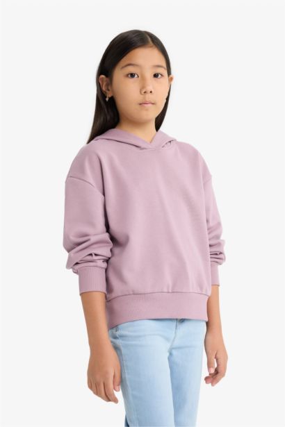 Relax Fit Kapüşonlu Basic Düz Sweatshirt Kız Çocuk