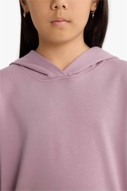 Relax Fit Kapüşonlu Basic Düz Sweatshirt Kız Çocuk