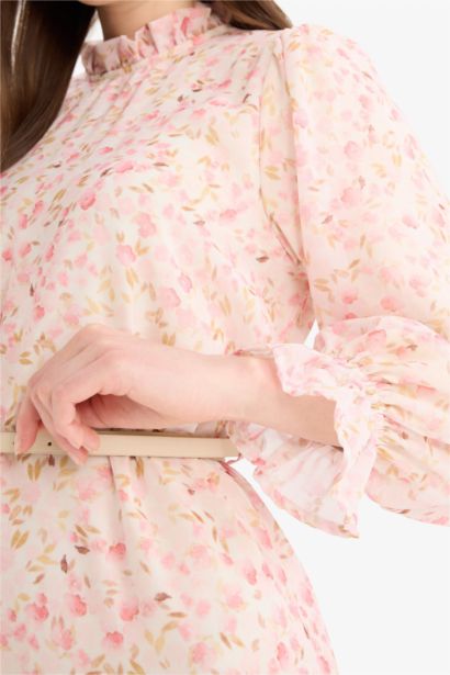 Regular Fit Desenli Bağcıklı Şifon Uzun Kollu Tesettür Elbise