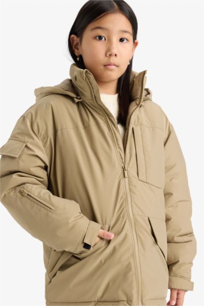 Girl Removable Faux Fur Collar Hooded Jacket