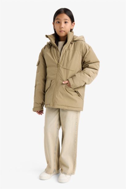 Girl Removable Faux Fur Collar Hooded Jacket