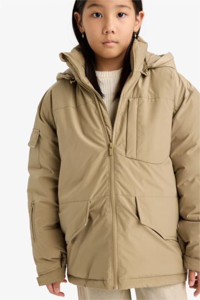 Girl Removable Faux Fur Collar Hooded Jacket