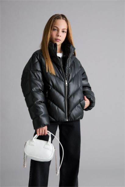 Dik Yaka Fermuarlı Şişme Mont Kız Çocuk