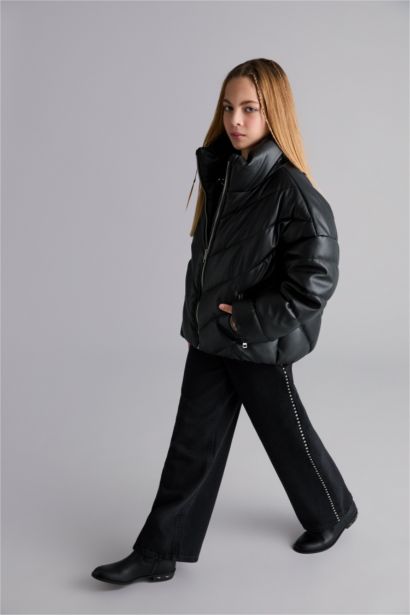 Dik Yaka Fermuarlı Şişme Mont Kız Çocuk