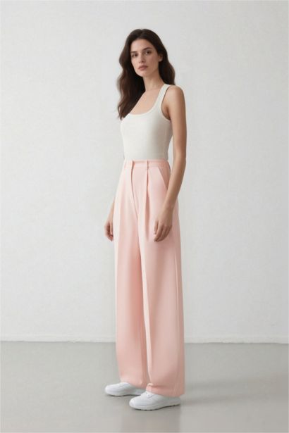 Afra x Defacto High Waist Long Length Wide Leg Crepe Fabric Trousers
