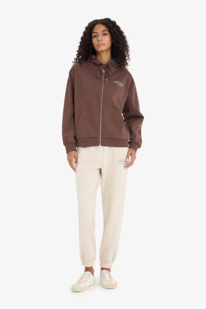 Oversize Fit Hooded Slogan Thick Sweatshirt Fabric Cardigan