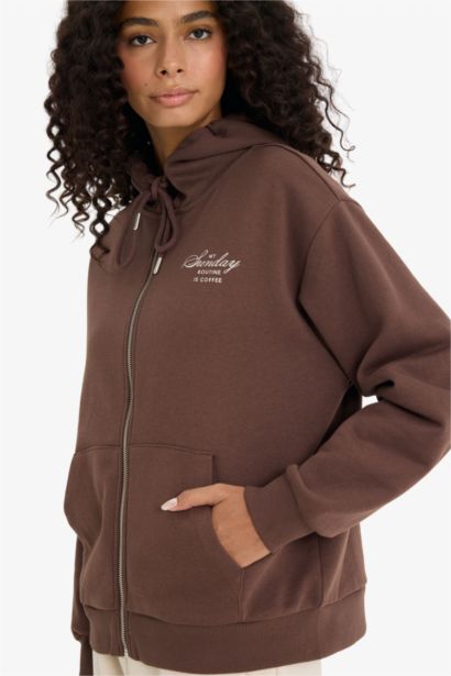 Oversize Fit Hooded Slogan Thick Sweatshirt Fabric Cardigan