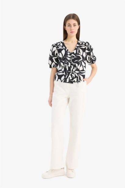 Regular Fit V-Neck Floral Long Sleeve Blouse