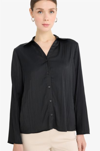 Regular Fit Shirt Collar Satin Long Sleeve Shirt