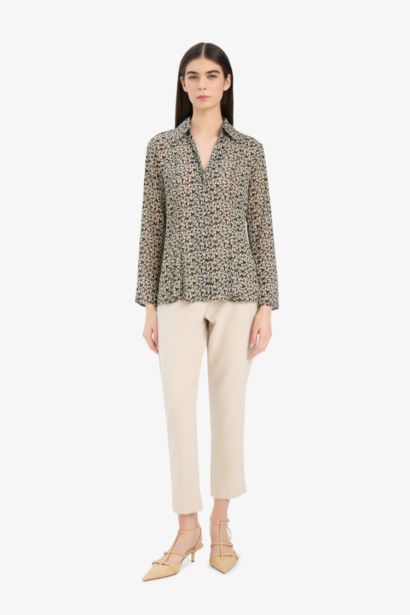 قميص كم طويل شيفون مطبوعة سليم فيت بياقة قميص