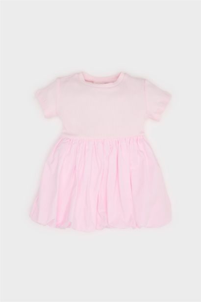 فستان بيبي بناتي مضلع بالون فيت نص كم بياقة مستديرة