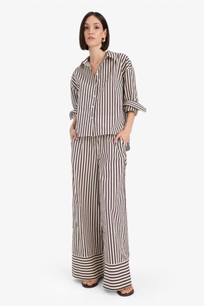 Wide Leg Çizgili Kumaş Pantolon Çift Cepli Yüksek Bel Geniş Paça