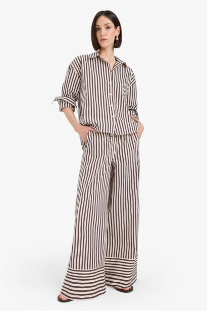 Wide Leg Çizgili Kumaş Pantolon Çift Cepli Yüksek Bel Geniş Paça