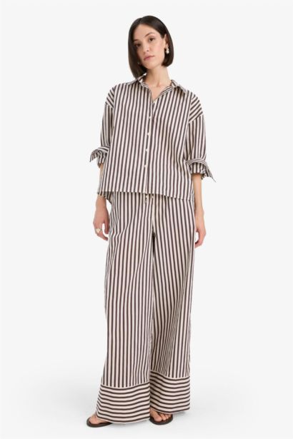 Wide Leg Çizgili Kumaş Pantolon Çift Cepli Yüksek Bel Geniş Paça