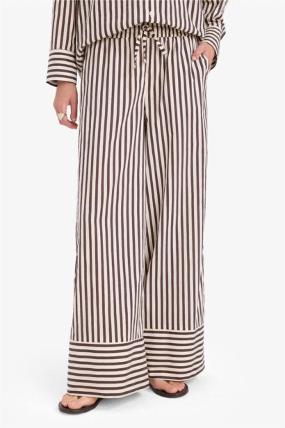 Wide Leg Çizgili Kumaş Pantolon Çift Cepli Yüksek Bel Geniş Paça