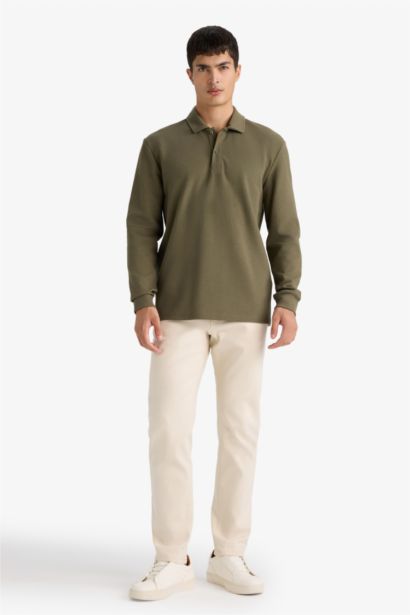 Regular Fit Waffle Polo Collar Long Sleeve Sweatshirt