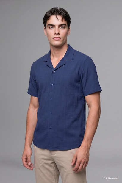 Modern Fit Resort Neck Crinkle Fabric Short Sleeve Shirt