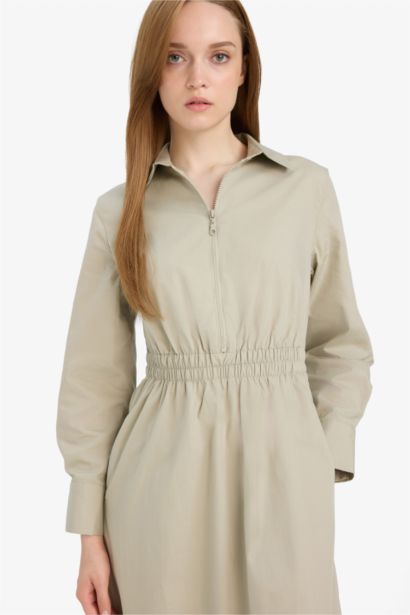 %100 Pamuk Regular Fıt Gömlek Yaka Poplin Uzun Kollu Elbise