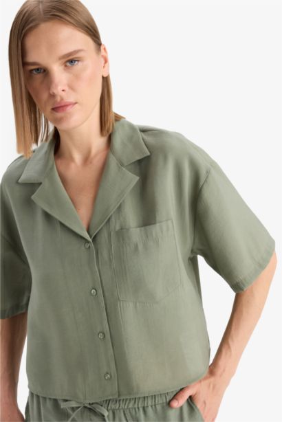 Loose Fit Ceket Yaka Modal Kısa Kollu Gömlek