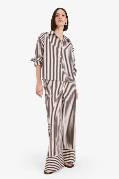 Afra x DeFacto Loose Fit Çizgili Poplin Uzun Kollu Gömlek