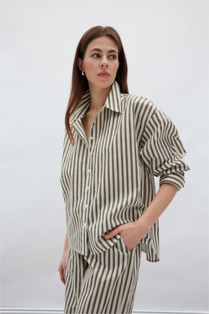 Loose Fit Çizgili Poplin Uzun Kollu Gömlek