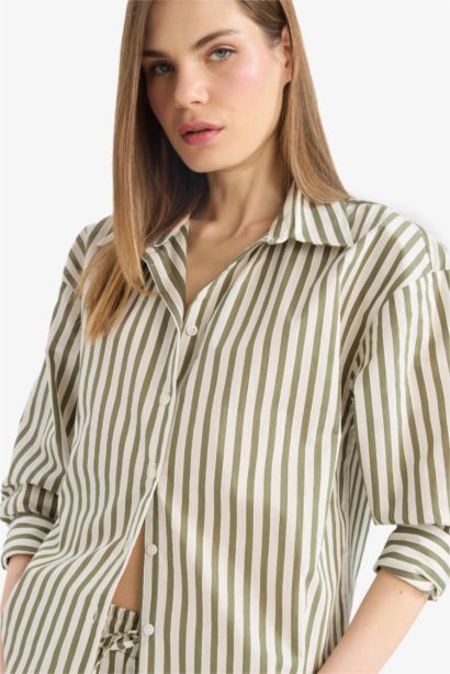 Loose Fit Çizgili Poplin Uzun Kollu Gömlek