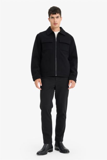 Slim Fit Polo Collar Lined Zippered Winter Jacket