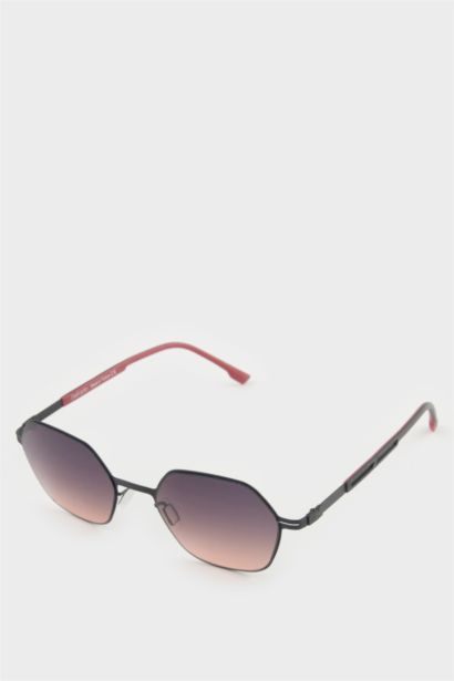 Erkek Altıgen Bordo Metal Çerçeve Siyah Cam UV Güneş Gözlüğü