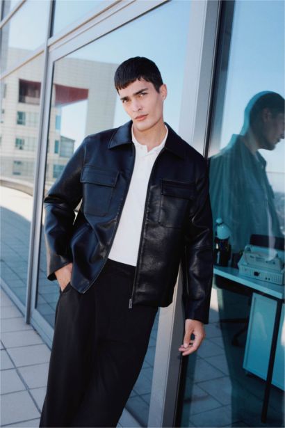 جاكيت جلد صناعي سليم فيت بياخة بولو