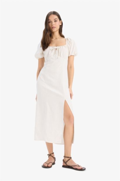 V-Neck Linen Blended Midi Dress