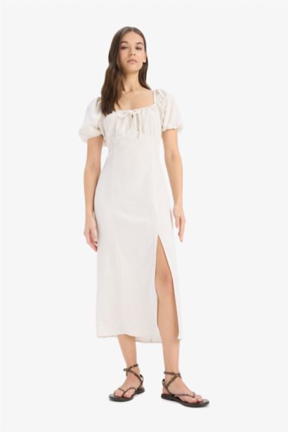 V-Neck Linen Blended Midi Dress