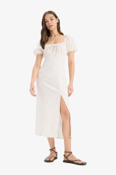 V-Neck Linen Blended Midi Dress