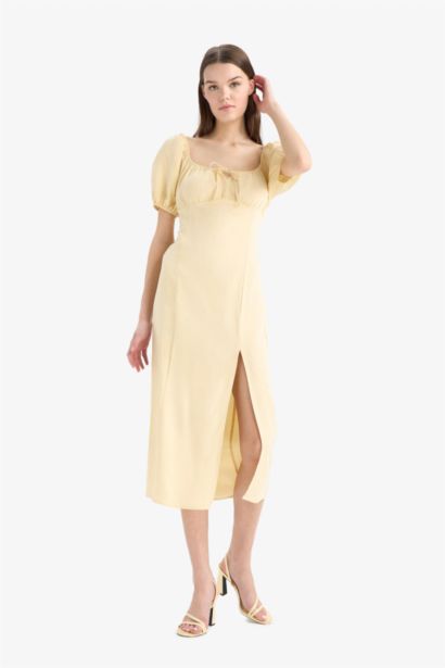 Платье миди А-силуэта с V-образным вырезом из льняной смеси с короткими рукавами