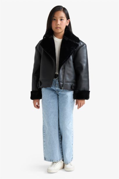 Girl Jacket Collar Faux Fur Lined Jacket