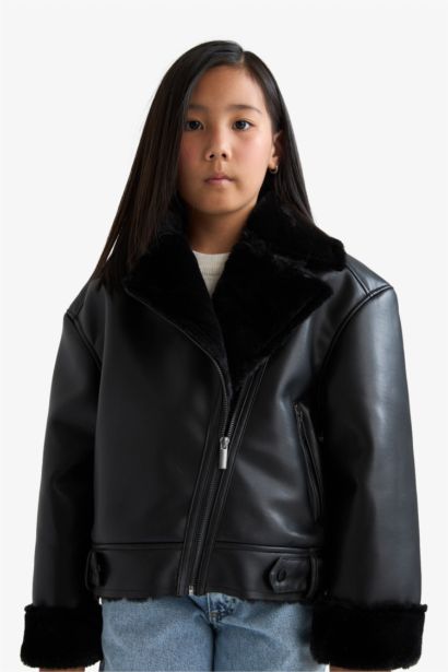 Girl Jacket Collar Faux Fur Lined Jacket