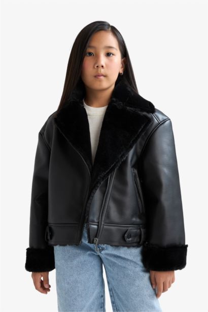 Girl Jacket Collar Faux Fur Lined Jacket