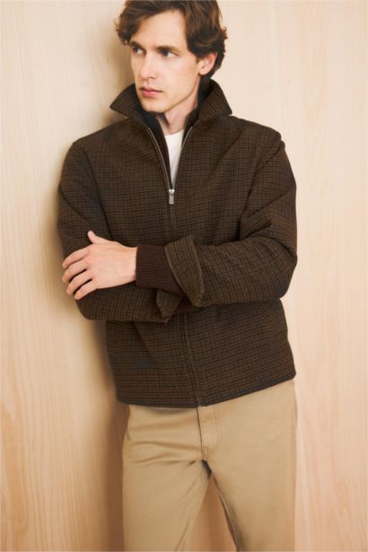 Slim Fit Polo Collar Zippered Lined Jacket