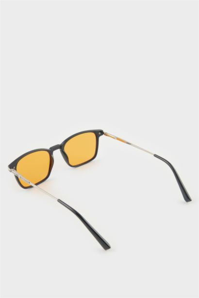 Erkek Klasik Kare Siyah Metal Çerçeve Turuncu Cam UV Güneş Gözlüğü