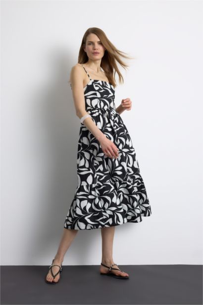 فستان ميدي فلورال بحمالات ذو مظهر كتاني