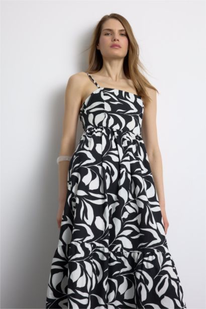 فستان ميدي فلورال بحمالات ذو مظهر كتاني