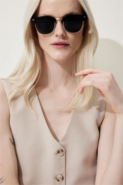 Kadın Klasik Siyah Metal Çerçeve Siyah Cam UV Güneş Gözlüğü